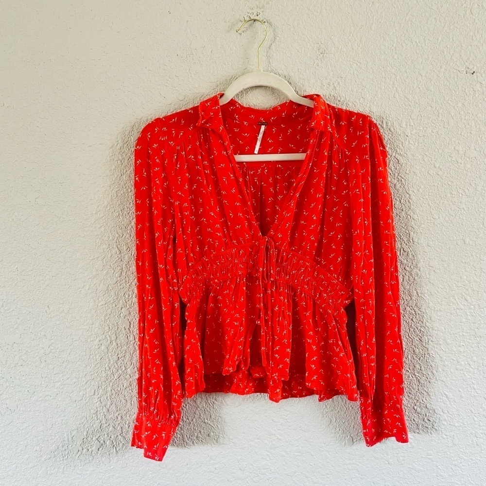 Free People Red Button Front Peplum Blouse